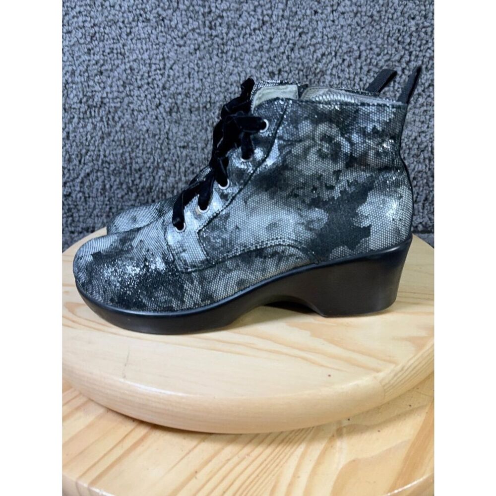 Alegria Eliza Boot Women Size 7.5 Leather Floral Black Silver Ankle Wedge Bootie